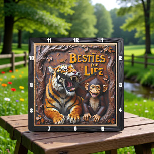 Horloge Carrée Amis du Singe Tigre sur l'Arbre