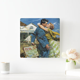 Horloge Carrée Amour et romance vintage Jeunes mariés achètent le