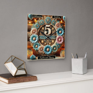 Horloge Carrée Amour intemporel : Cinquième 5e anniversaire Flora