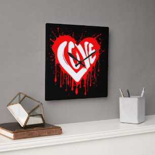 Horloge Carrée Amour Rétro Cœur Rouge Saint-Valentin Texte Blanc
