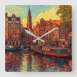 Horloge Carrée Amsterdam canal maisons de style van Gogh