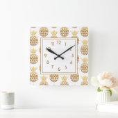 Horloge Carrée Ananas dorés élégants blancs (Maison)