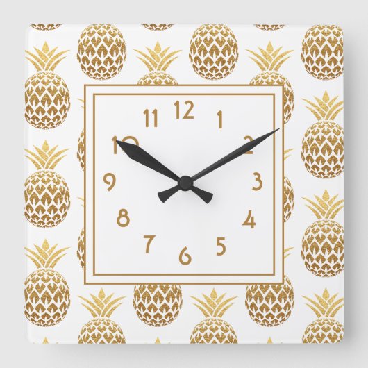 Horloge Carrée Ananas dorés élégants blancs (Recto)