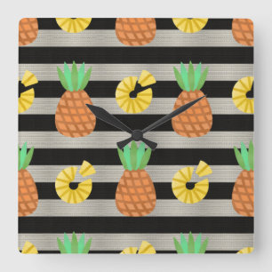 Horloge Carrée Ananas Moderne Rayures Noires et Blanches