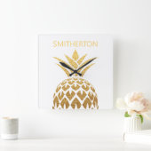 Horloge Carrée Ananas Or élégant Blanc Nom de famille (Maison)