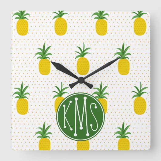 Horloge Carrée Ananas tropicaux d'or | Monogramme (Recto)