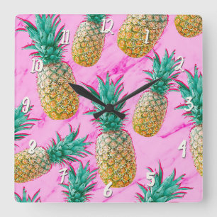 Horloge Carrée Ananas Tropicaux & Marbre Rose Moderne Coloré