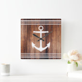 Horloge Carrée Ancre blanche marine et rayures Grange Plaques en  (Maison)