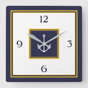 Horloge Carrée Ancre bleu Jaune de la marine Bleu Carré Mur Horl