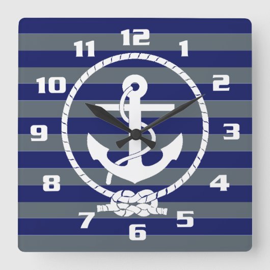 Horloge Carrée Ancre nautique élégante et motif rayure bleue (Recto)