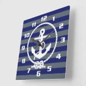 Horloge Carrée Ancre nautique élégante et motif rayure bleue (Angle)
