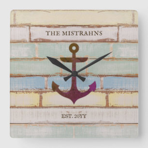 Horloge Carrée Ancre nautique Nom de la famille du bateau en bois