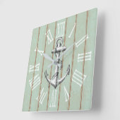 Horloge Carrée Ancre rustique et bois Élégant Nautique (Angle)