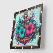 Horloge Carrée Ancre turquoise Conception nautique (Angle)