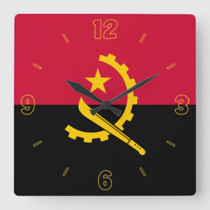 Horloge Carrée Angola Drapeau Rouge Noir Jaune Chiffres Patriotiq
