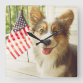 Horloge Carrée Animaux de bébés cutest | American Flag Corgi (Recto)