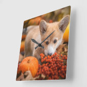 Horloge Carrée Animaux de bébés cutest | Corgi Puppy en automne (Angle)