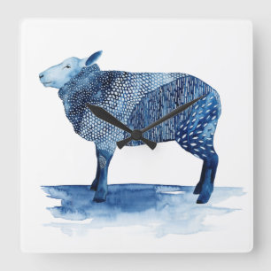 Horloge Carrée Animaux de ferme de bleu de cobalt - moutons