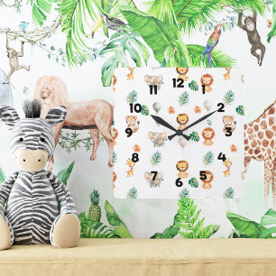 Horloge Carrée Animaux de la jungle bohème