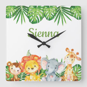 Horloge Carrée Animaux de la jungle sauvage Safari Enfants Nurser