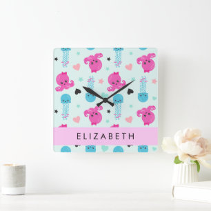 Horloge Carrée Animaux de mer, poulpe, méduse, Coeurs, Votre nom