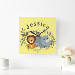 Horloge Carrée Animaux de thème de jungle mignonne aquarelle