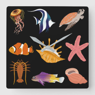 Horloge Carrée Animaux marins : poissons, tortues, coquillages, m