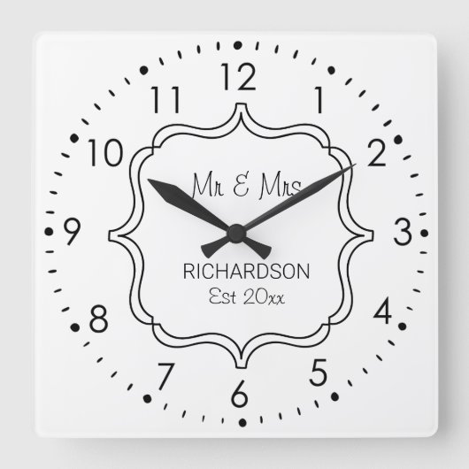 Horloge Carrée Anniversaire du Mariage noir et blanc (Recto)