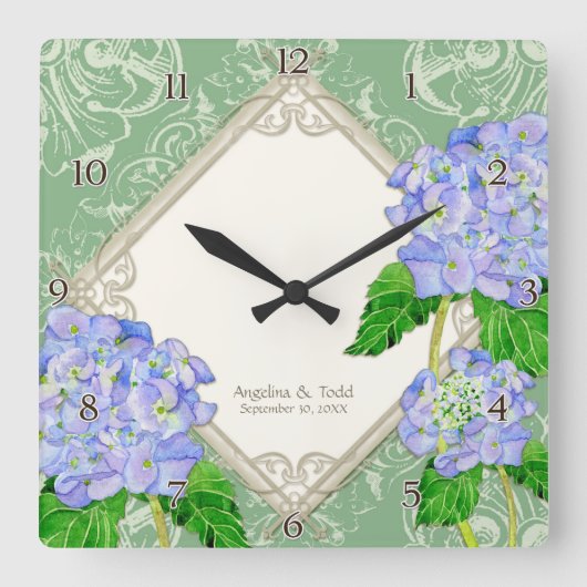 Horloge Carrée Anniversaire Mariage de Diamond Swirl Blue Hydrang (Recto)