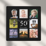 Horloge Carrée Anniversaire noir photo collage mec<br><div class="desc">Une horloge murale en cadeau pour un 50ème anniversaire (ou tout âge) pour un gars, célébrant sa vie avec un collage de 8 de vos propres photos. Personnalisez et ajoutez l'âge de 50 ans et une date. Date de naissance ou date d'anniversaire. Lettres de couleur blanche. Arrière - plan noir....</div>
