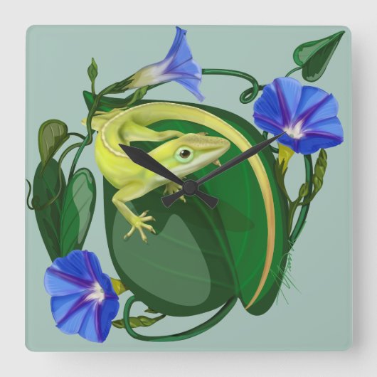 Horloge Carrée Anolis vert avec Ipomée (Recto)