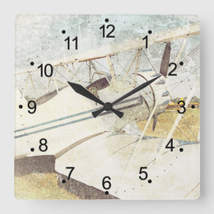 Horloge Carrée Antique avion Biplane Retro