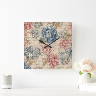 Horloge Carrée Antique Bleu et Rose Hydrangea Éphémère Script