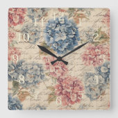 Horloge Carrée Antique Bleu et Rose Hydrangea Éphémère Script (Recto)