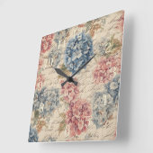 Horloge Carrée Antique Bleu et Rose Hydrangea Éphémère Script (Angle)