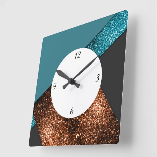 Horloge Carrée Aqua bleu bronze scintille design avec des chiffre (Angle)