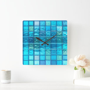 Horloge Carrée Aqua Blues Translucide Carrelage Acrylique