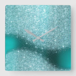 Horloge Carrée Aqua Parties scintillant Turquoise en verre métall