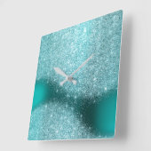 Horloge Carrée Aqua Parties scintillant Turquoise en verre métall (Angle)