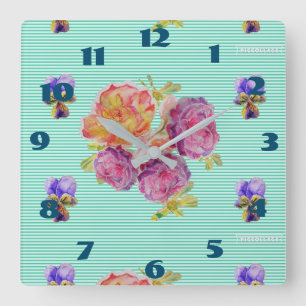 Horloge Carrée Aqua Roses Rose Floral Chambre Turquoise Shabby Ch