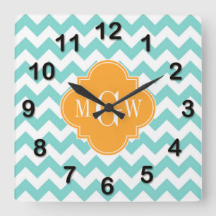 Horloge Carrée Aqua Wht Chevron Cantaloupe Quatrefoil