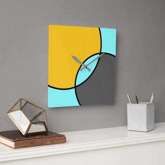 Horloge Carrée Aqua yellow Gray Black Circles (Bureau)