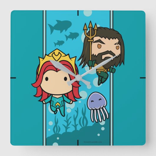 Horloge Carrée Aquaman | Chibi Mera & Aquaman Graphisme sous-mari (Recto)