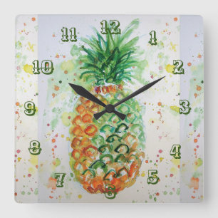 Horloge Carrée Aquarelle à fruits tropicaux de la chaux d'ananas