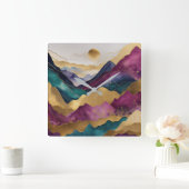 Horloge Carrée Aquarelle Abstraite peinture de paysage or (Maison)