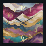 Horloge Carrée Aquarelle Abstraite peinture de paysage or<br><div class="desc">Aquarelle Peinture Paysage Abstraite. Accents de peinture bleu violet or</div>