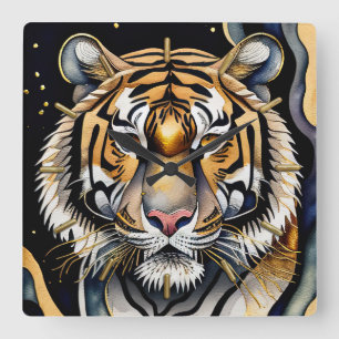 Horloge Carrée Aquarelle Abstraite Peinture d'un tigre 5:4