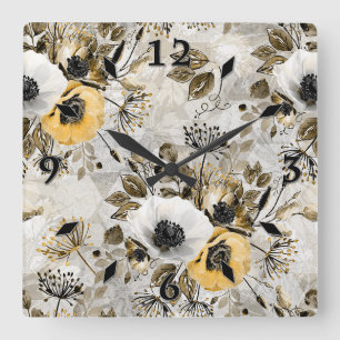 Horloge Carrée Aquarelle blanche, fleurs jaunes