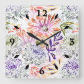 Horloge Carrée Aquarelle blanche, fleurs roses (Recto)