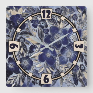 Horloge Carrée aquarelle, bleu et violet, aquarelle d'anémones